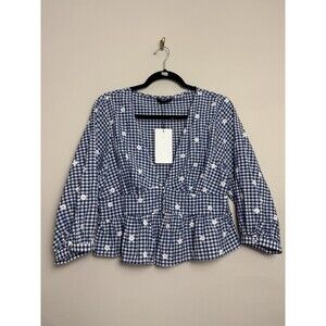 Zara Navy and White Gingham Peplum Blouse
